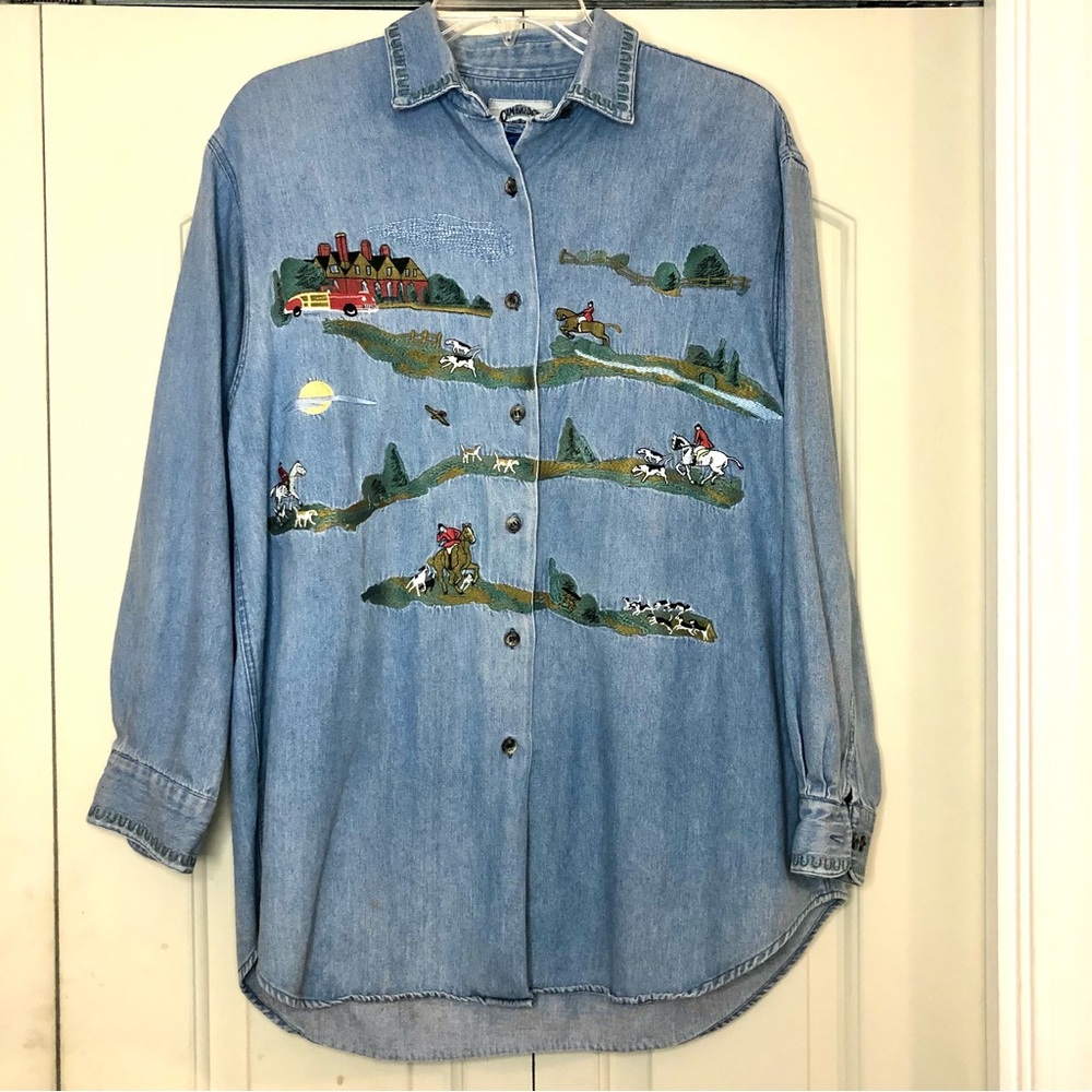 Vintage Cambridge Dry Goods Fox Hunt Denim Shirt Sz 10